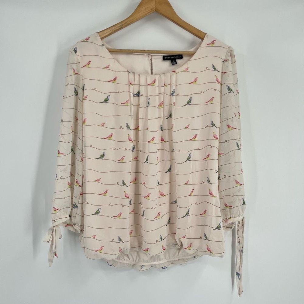 Sarah Michelle Blouse Top Cream Pleated Front Bird Print 3/4 Sleeves Women Large
